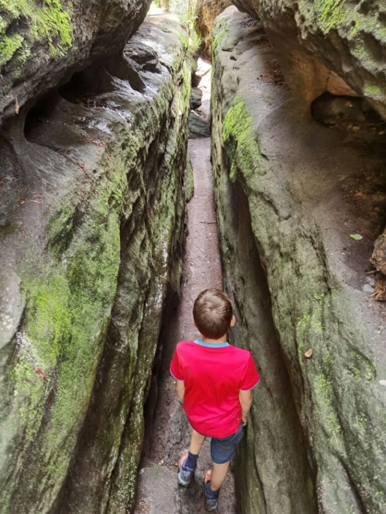 Felsenlabyrinth Sächsische Schweiz - die meterhohen Felsen haben eine schmale Schlucht gebildet